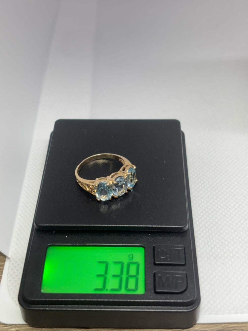 14K Gold Ring with Triple Light Blue Topaz, size 7 - Picture 6 of 9